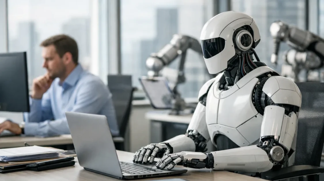 Humanoid robot working on a laptop in a modern office, illustrating white-collar job automation in progress