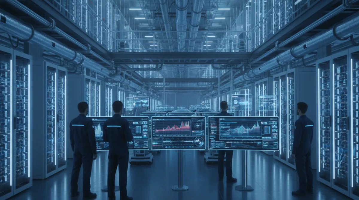 Massive hyperscale AI data center with rows of glowing GPU server racks and engineers monitoring neural network training graphs, representing the surge in AI infrastructure spending across the tech industry