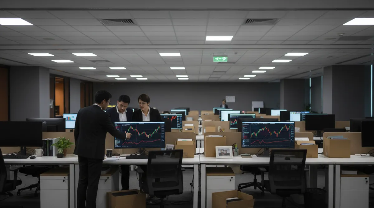 Large modern corporate office with rows of empty desks, boxed personal items, and a few remaining employees reviewing financial charts, illustrating the wave of tech industry layoffs driven by cost control and budget reallocation