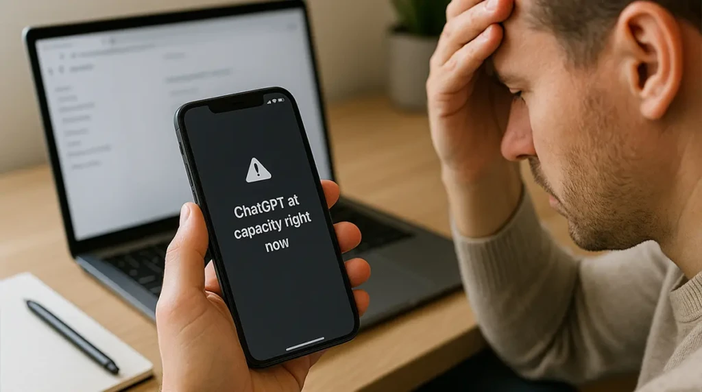 A frustrated man holding a smartphone showing a ChatGPT error message.