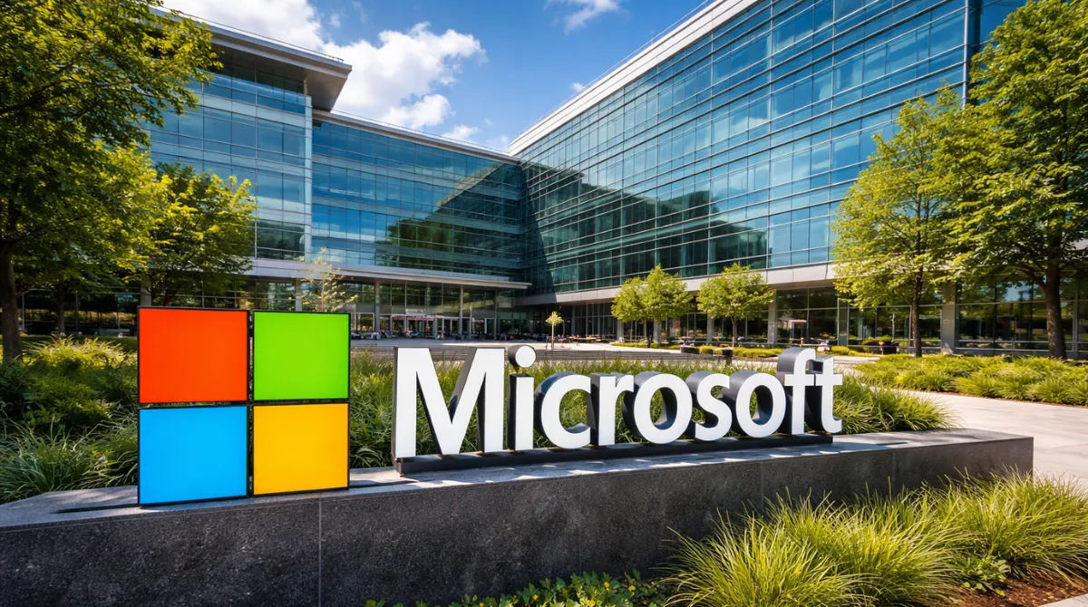 Windows 12 news feature image showing the Microsoft headquarters building and Microsoft logo