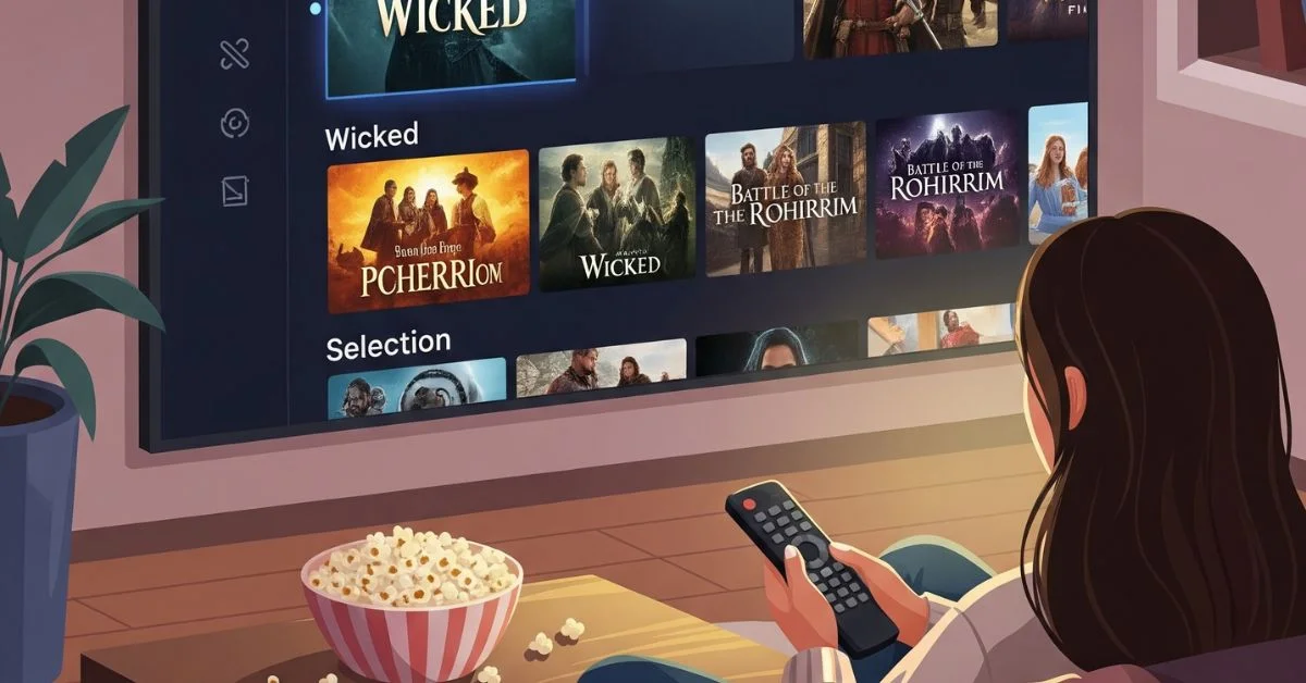 Person watching WOW Films new releases at home with a cozy setup and movie thumbnails on screen.