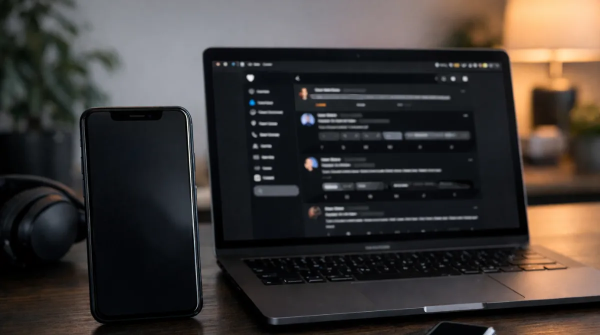 Smartphone with a blank dark screen beside a laptop in dark mode on a desk, illustrating device-based X dark mode settings