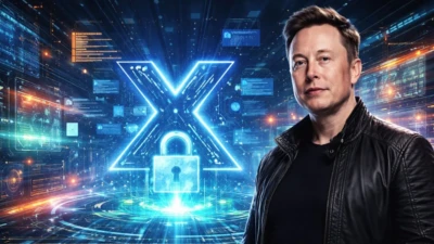 Elon Musk with a futuristic digital background symbolizing X opening its recommendation and advertising algorithm to the public