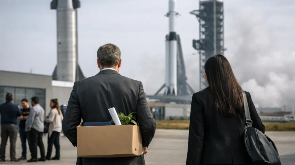 Two professionals walk away from a space launch site carrying boxes as rockets stand in the background