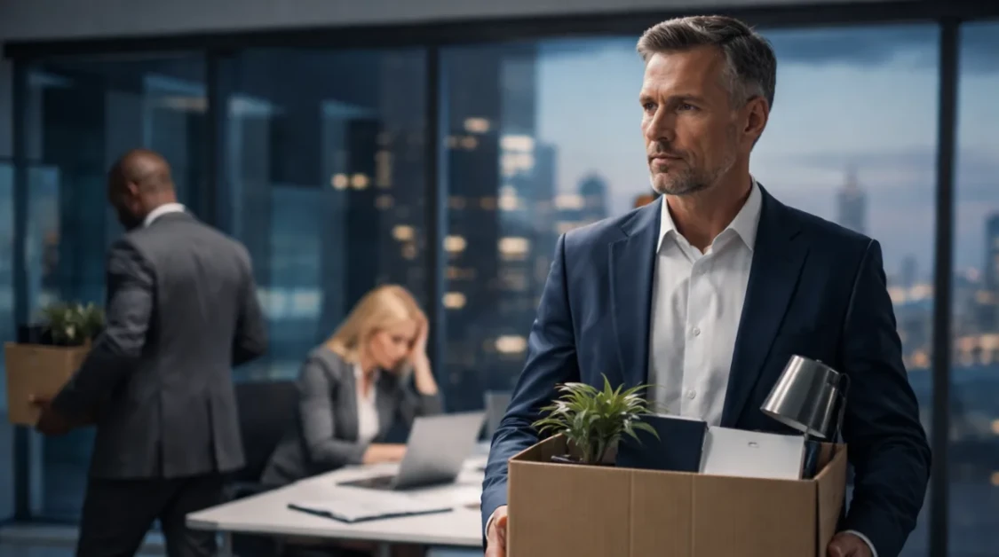 Executive carrying a box in a modern office as colleagues work in the background, symbolizing leadership turnover during rebuild
