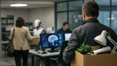 Employees leaving a modern AI-focused office carrying boxes, illustrating workforce changes during xAI restructuring