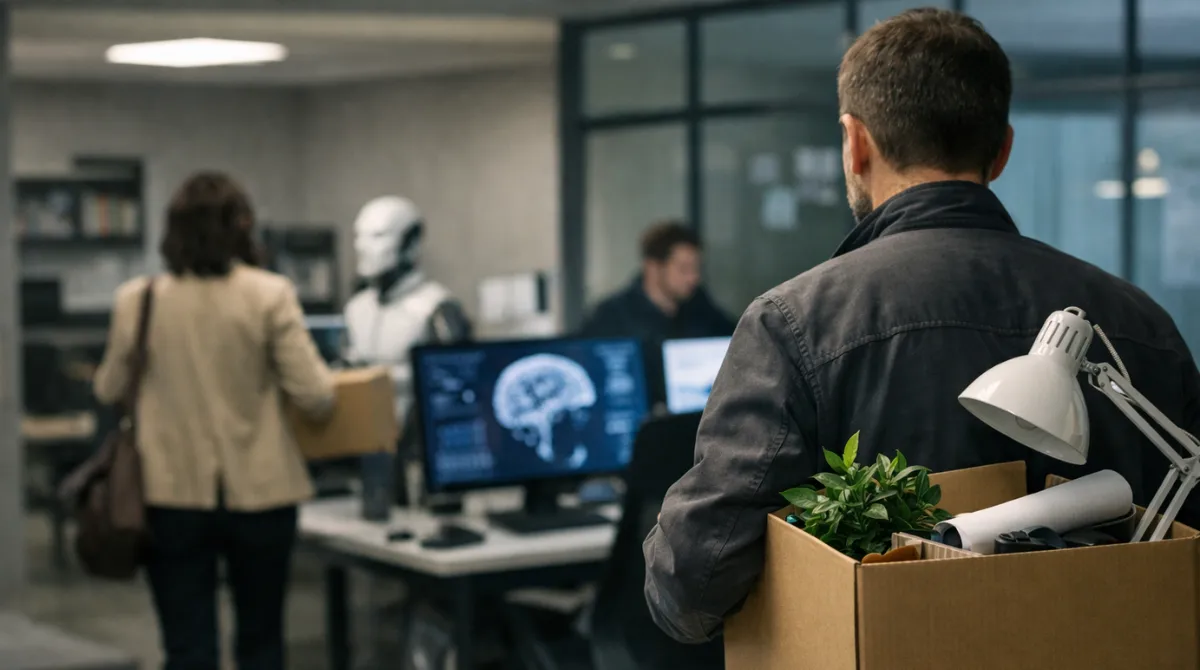 Employees leaving a modern AI-focused office carrying boxes, illustrating workforce changes during xAI restructuring