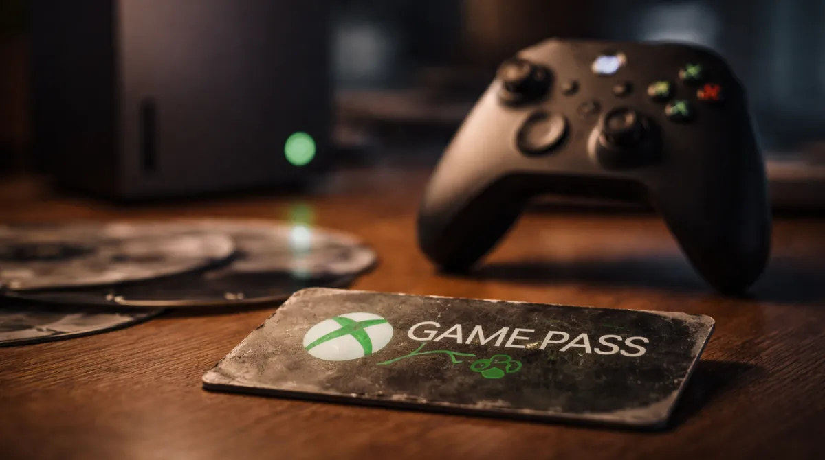 Xbox Game Pass card beside Xbox console and controller on a wooden surface, symbolizing a major platform transition