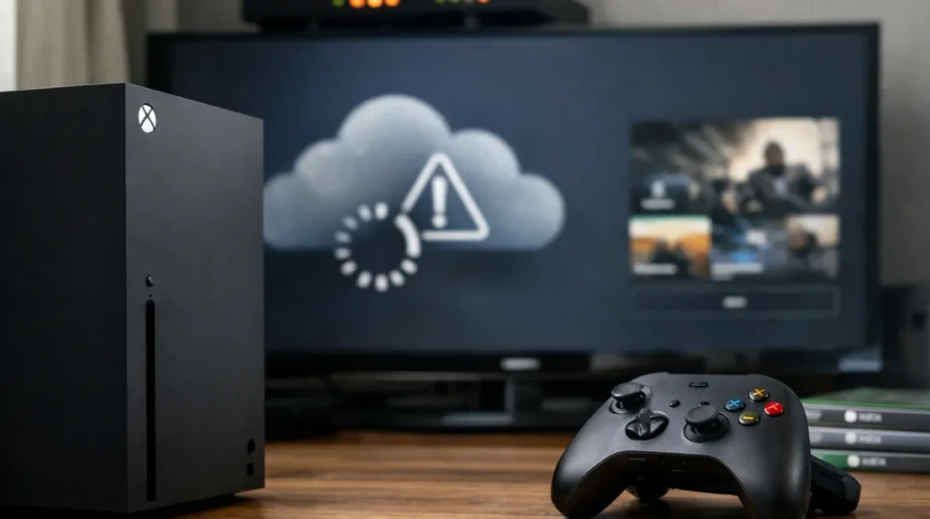 Xbox Series X console and controller with cloud warning screen during Xbox Streaming Apps Outage