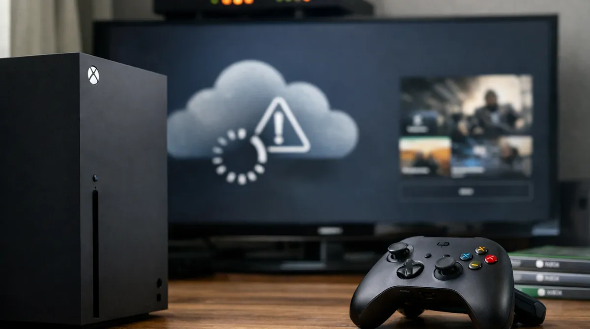 Xbox Series X console and controller with cloud warning screen during Xbox Streaming Apps Outage