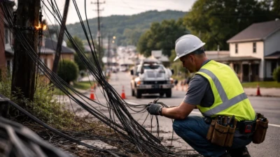 Utility worker repairing damaged internet cables along a West Alabama roadside during a widespread Xfinity outage.