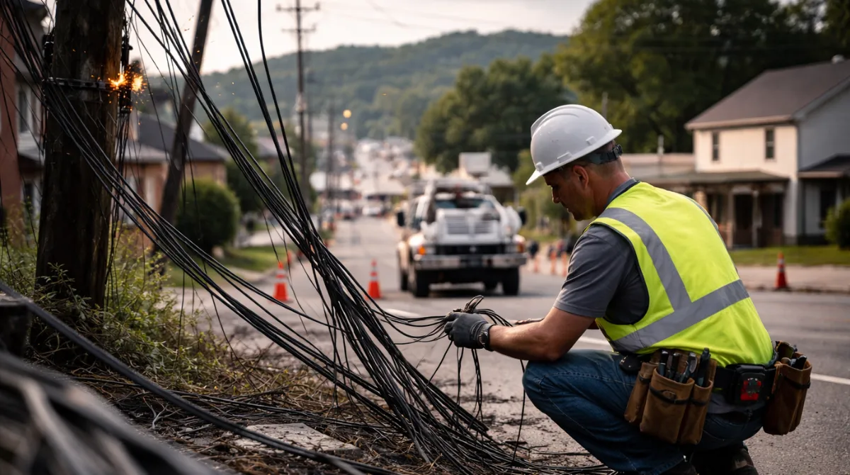 Utility worker repairing damaged internet cables along a West Alabama roadside during a widespread Xfinity outage.
