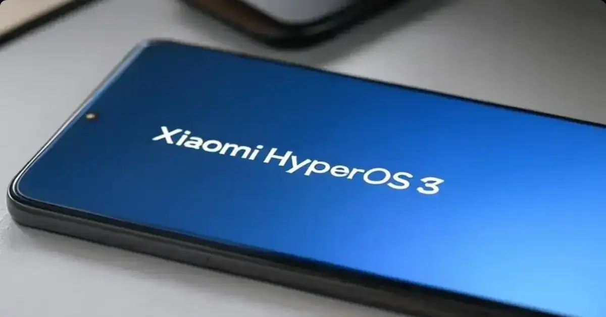 Smartphone screen displaying "Xiaomi HyperOS 3" logo, showcasing the upcoming Android 16-based operating system update.