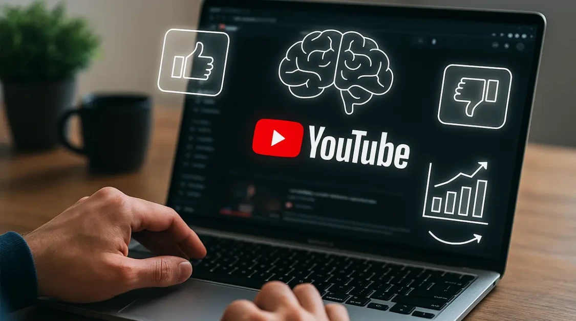 A realistic scene of a laptop showing YouTube with digital graphics of AI, likes, dislikes, and growth charts.