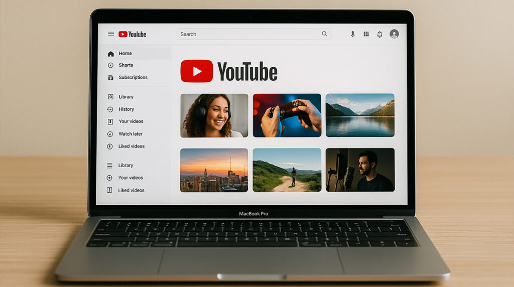Laptop displaying the YouTube homepage on a desk.
