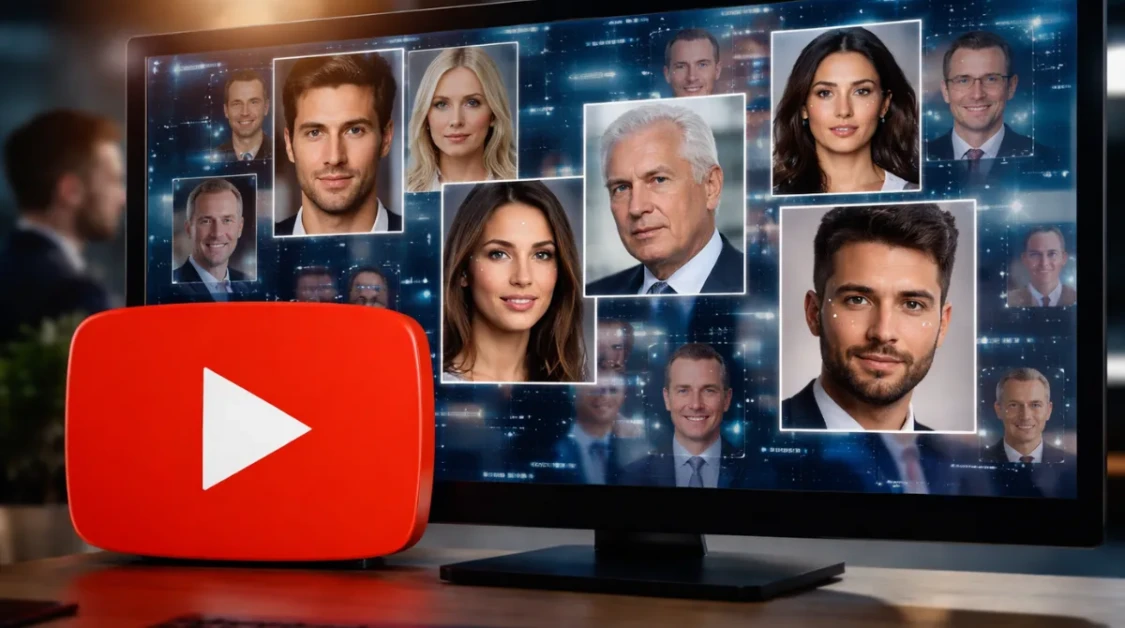Editorial image showing a digital screen with multiple public figure portraits and AI likeness detection on a video platform