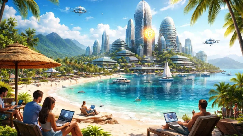 Futuristic crypto city concept in Zanzibar showing digital nomads working by the beach with modern blockchain-enabled city infrastructure.