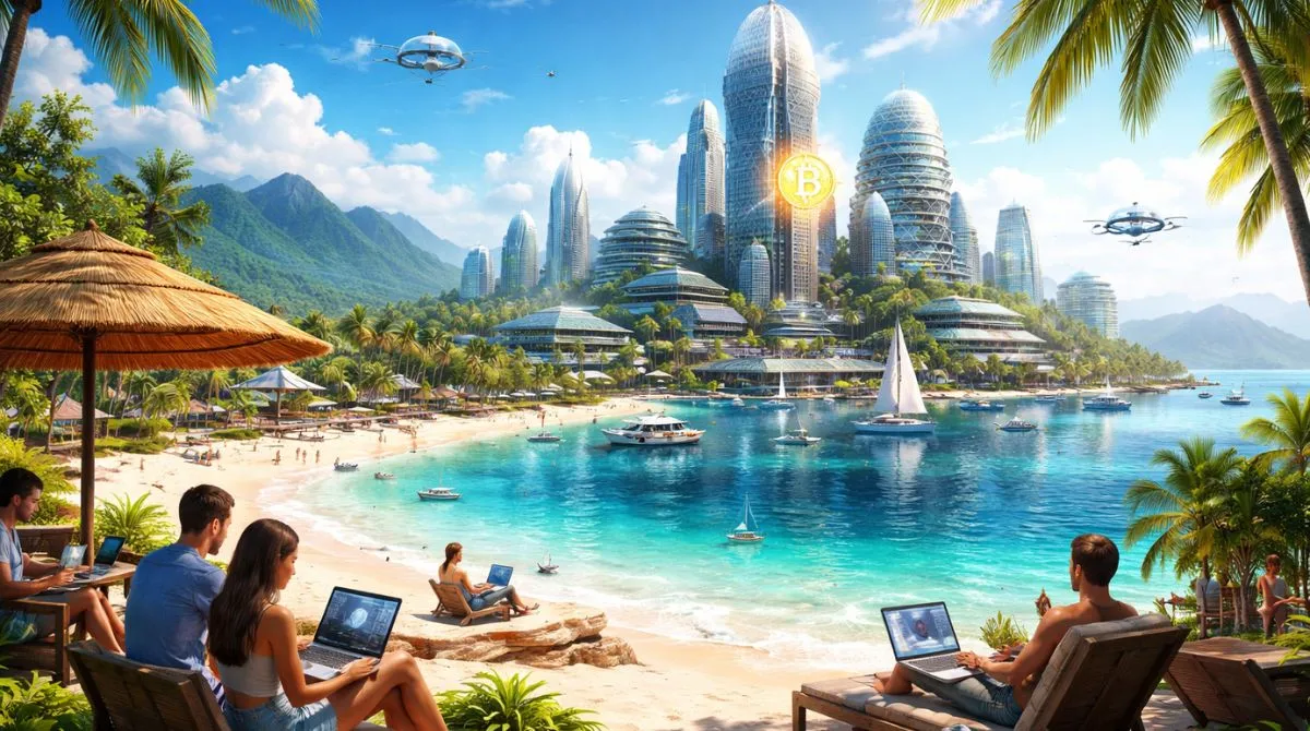 Futuristic crypto city concept in Zanzibar showing digital nomads working by the beach with modern blockchain-enabled city infrastructure.
