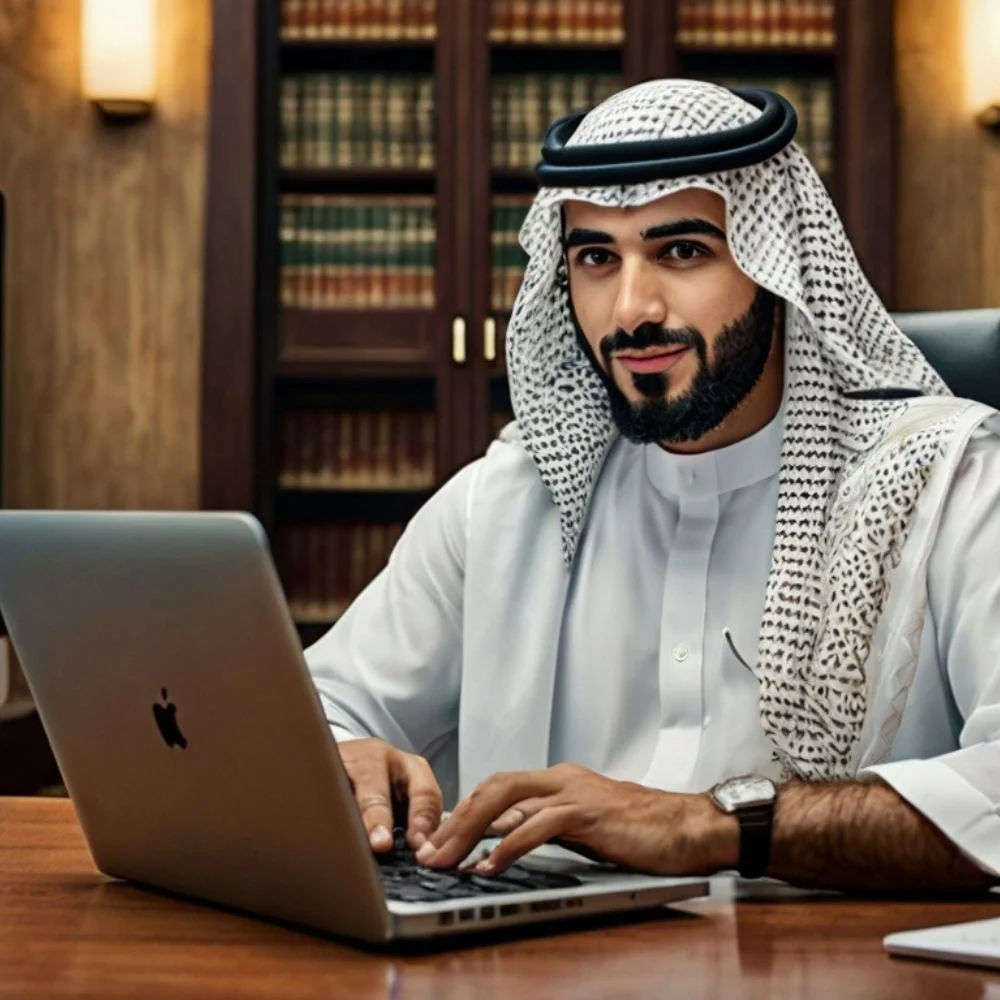 Arab man browsing هنتاوي.com on laptop